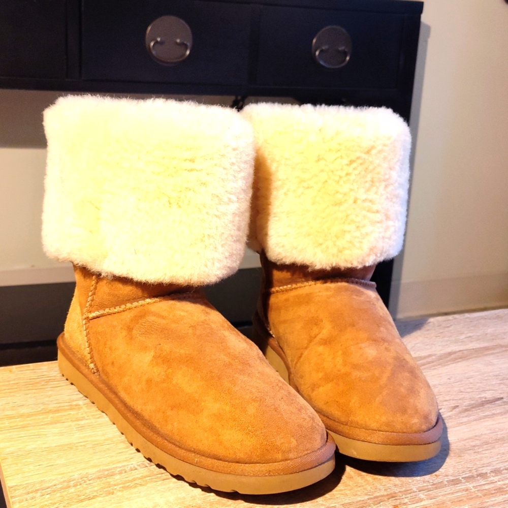 UGG Chestnut Suede Fold-Over Shearling Cuff Ankle Boots